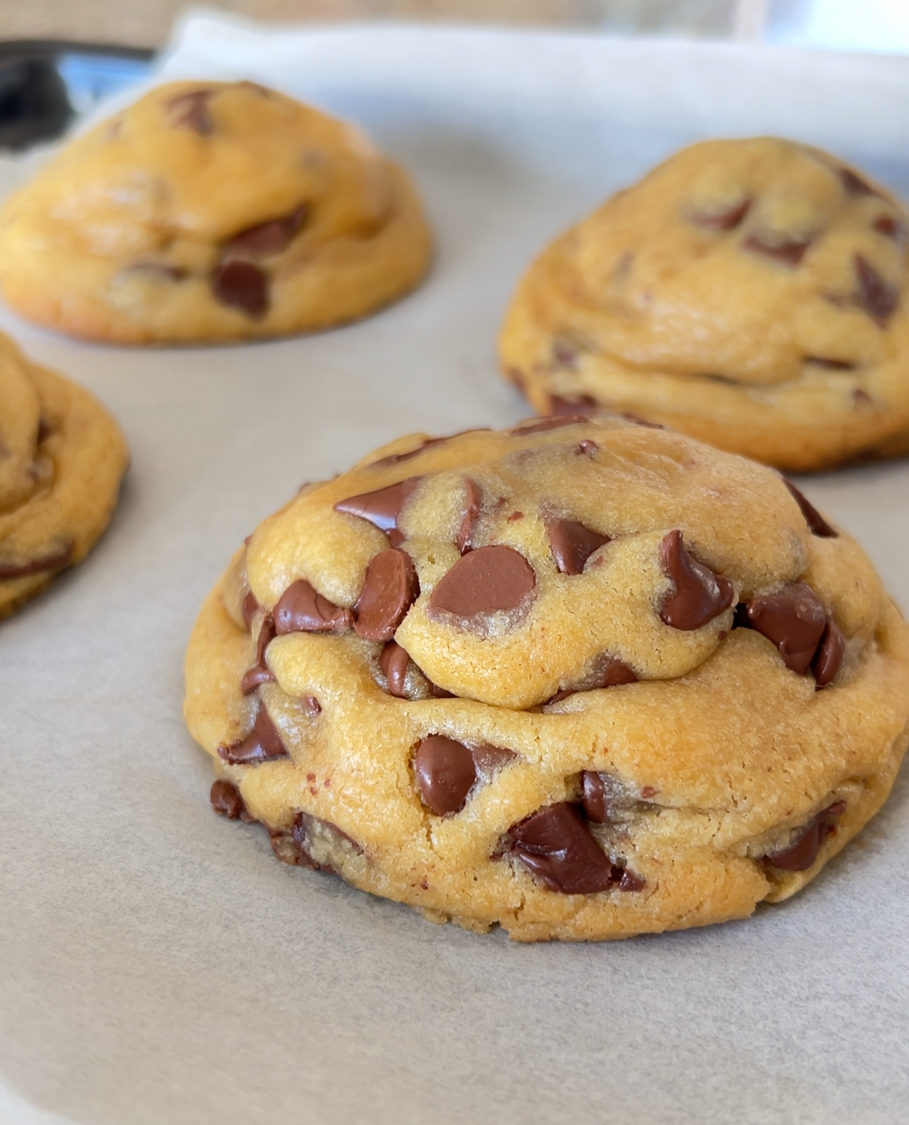Chocolate chip cookies on a baking sheet