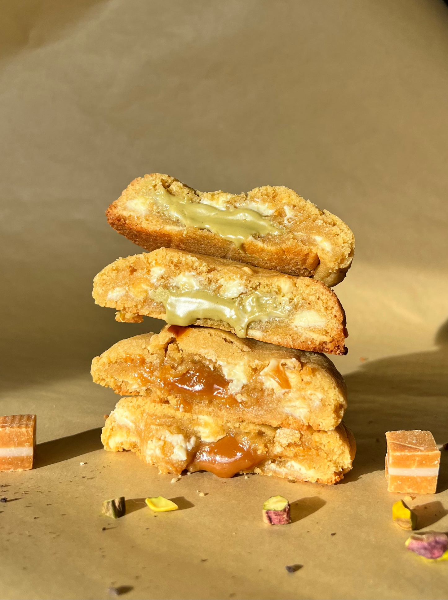 Stack of cookies on a brown surface